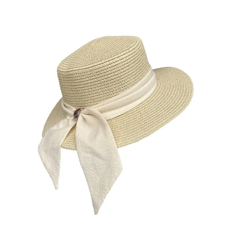 2023 New Sun Fedora Hats Women Men Caps Flat Top Wide Brim Straw Hat Summer Beach Casual White Ribbon Panama Hats for Ladies