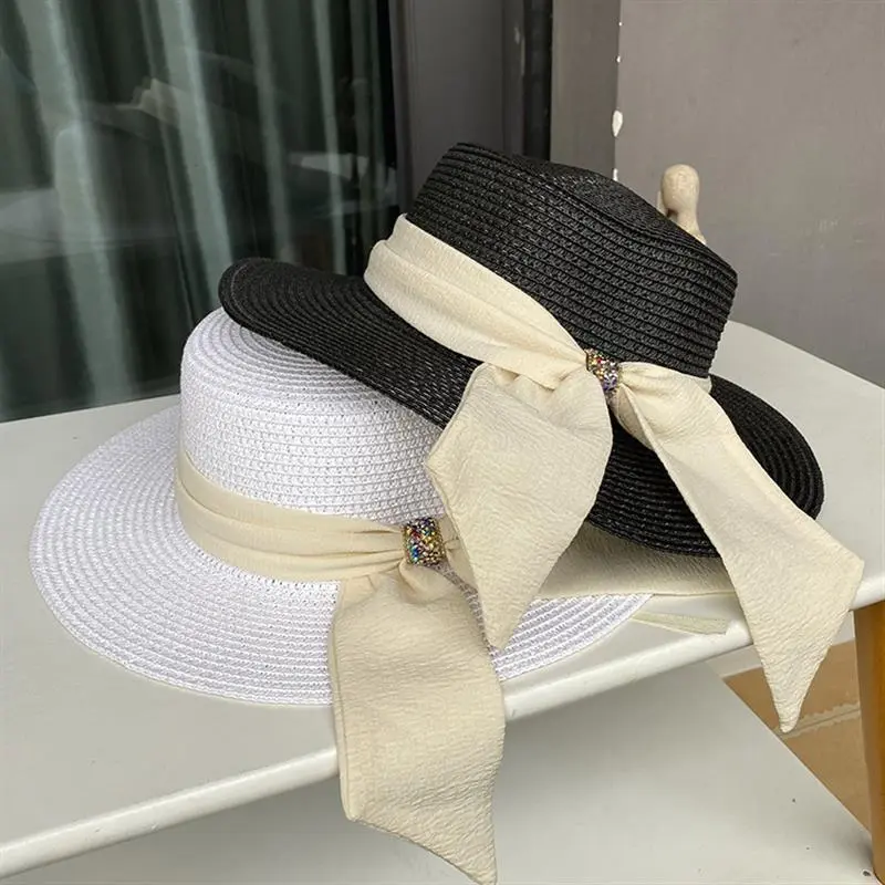 2023 New Sun Fedora Hats Women Men Caps Flat Top Wide Brim Straw Hat Summer Beach Casual White Ribbon Panama Hats for Ladies