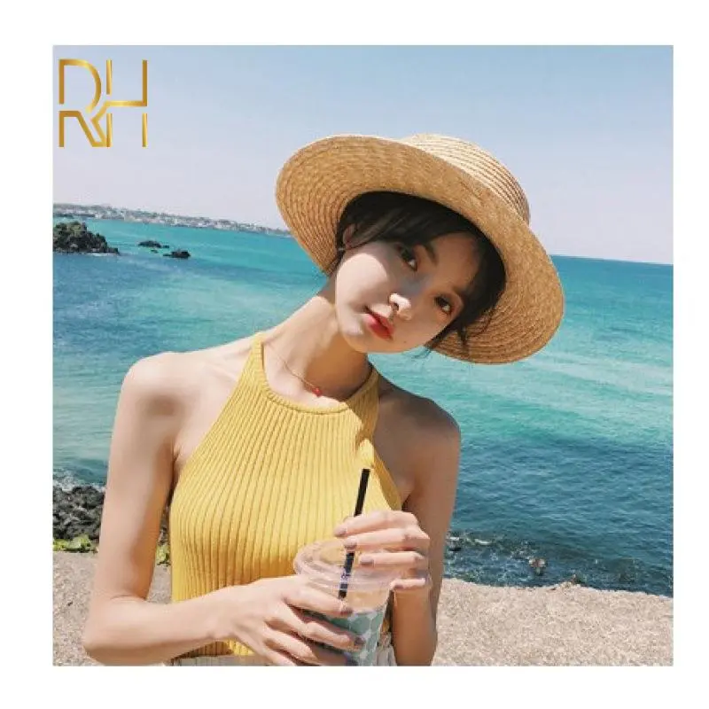 RH Summer Classical Simple Plain Boater Wheat Straw Hat Flat Top Casual Female Hat Vacation Style Light Beach Hat For DIY