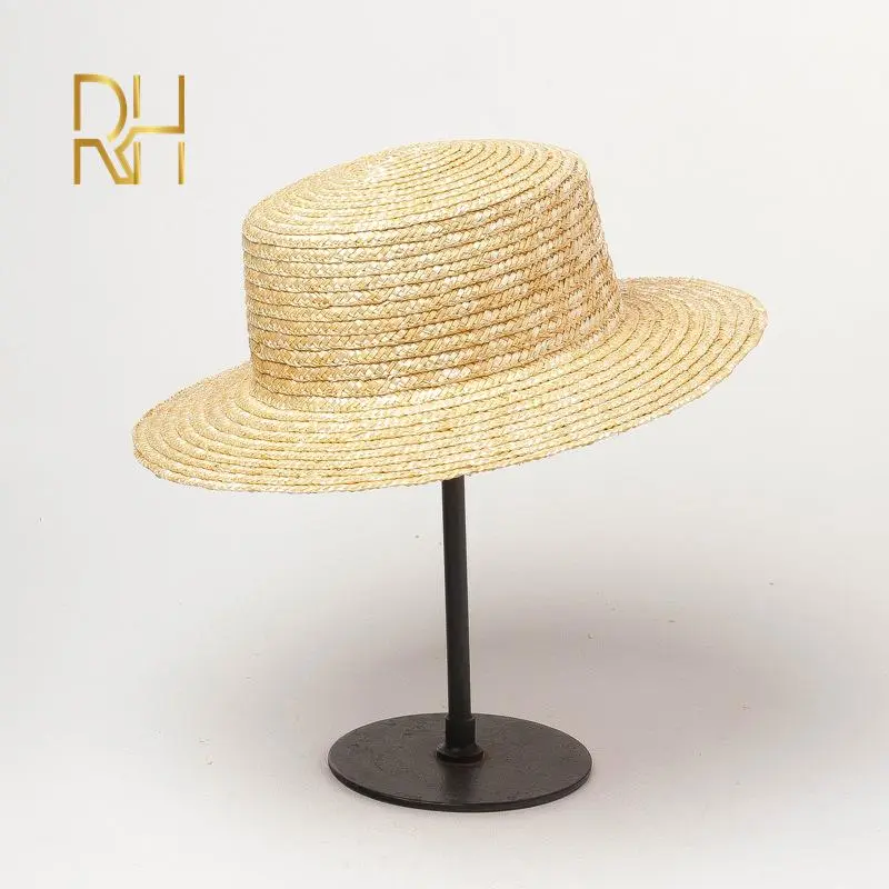 RH Summer Classical Simple Plain Boater Wheat Straw Hat Flat Top Casual Female Hat Vacation Style Light Beach Hat For DIY