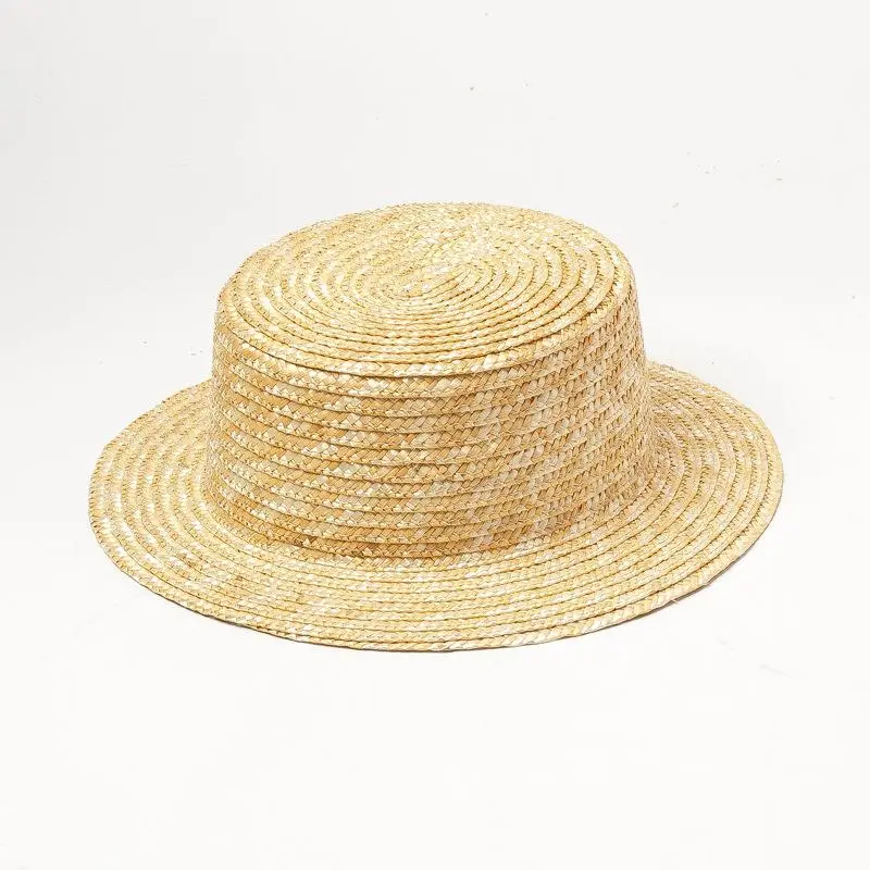 RH Summer Classical Simple Plain Boater Wheat Straw Hat Flat Top Casual Female Hat Vacation Style Light Beach Hat For DIY