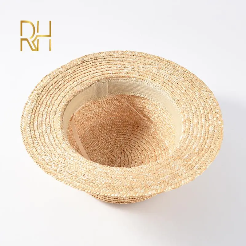 RH Summer Classical Simple Plain Boater Wheat Straw Hat Flat Top Casual Female Hat Vacation Style Light Beach Hat For DIY