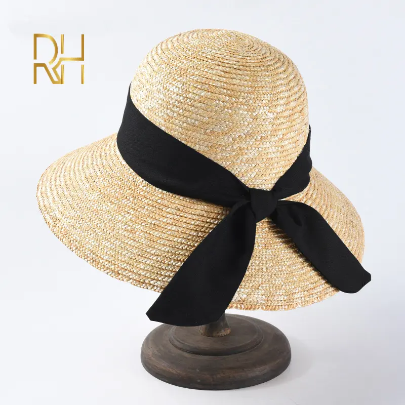 RH Natural Straw Bucket Wheat Visor Hat Travel Outdoor Women Summer Dome Beach Caps With Black Ribbon