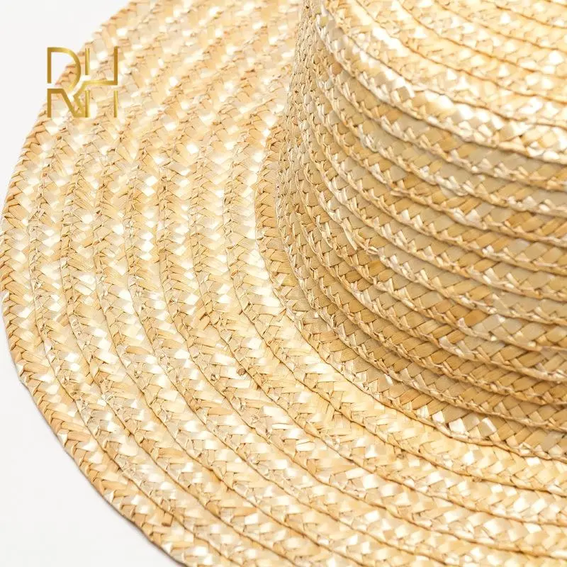 RH Summer Classical Simple Plain Boater Wheat Straw Hat Flat Top Casual Female Hat Vacation Style Light Beach Hat For DIY