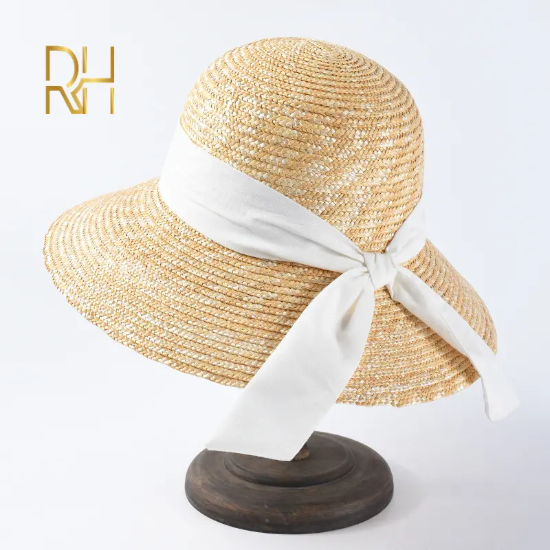 RH Natural Straw Bucket Wheat Visor Hat Travel Outdoor Women Summer Dome Beach Caps With Black Ribbon
