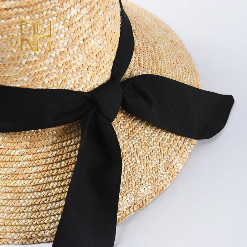 RH Natural Straw Bucket Wheat Visor Hat Travel Outdoor Women Summer Dome Beach Caps With Black Ribbon