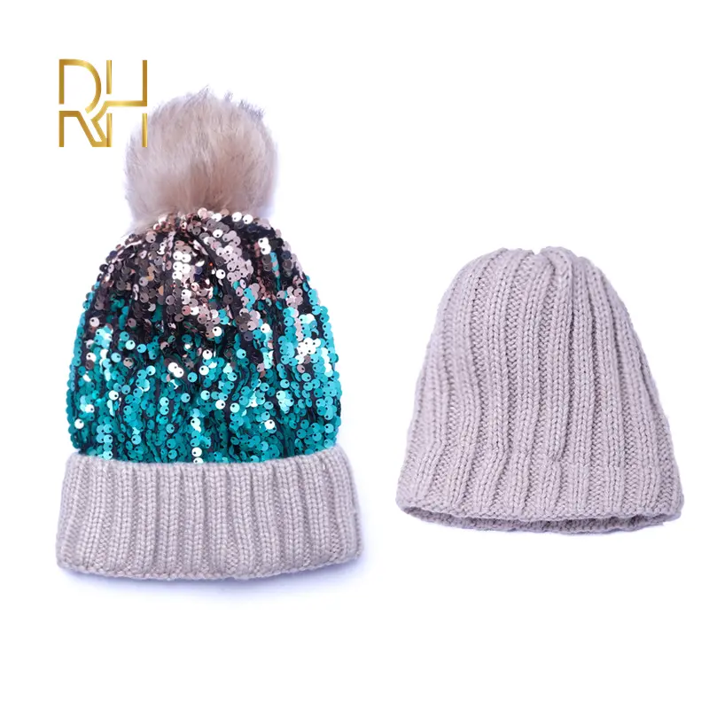 Pom Pom Skullies Beanie Warm Knitted Bobble Women Fur Pompom Hat Female Raccoon Fur Pompon Sequins Winter Hat Cap RH