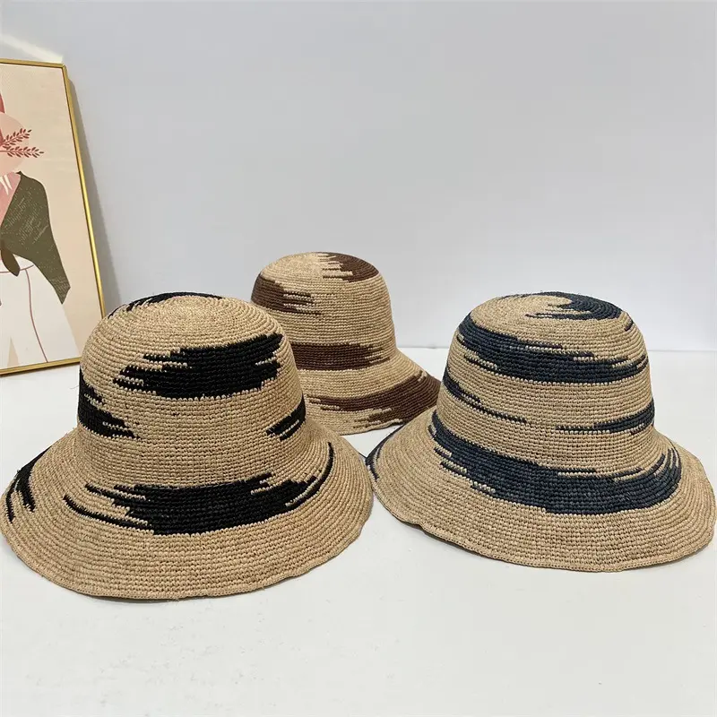 Fashion Camouflage Jacquard Natural Raffia Grass Bucket Crochet Straw Hat Foldable Sun Caps