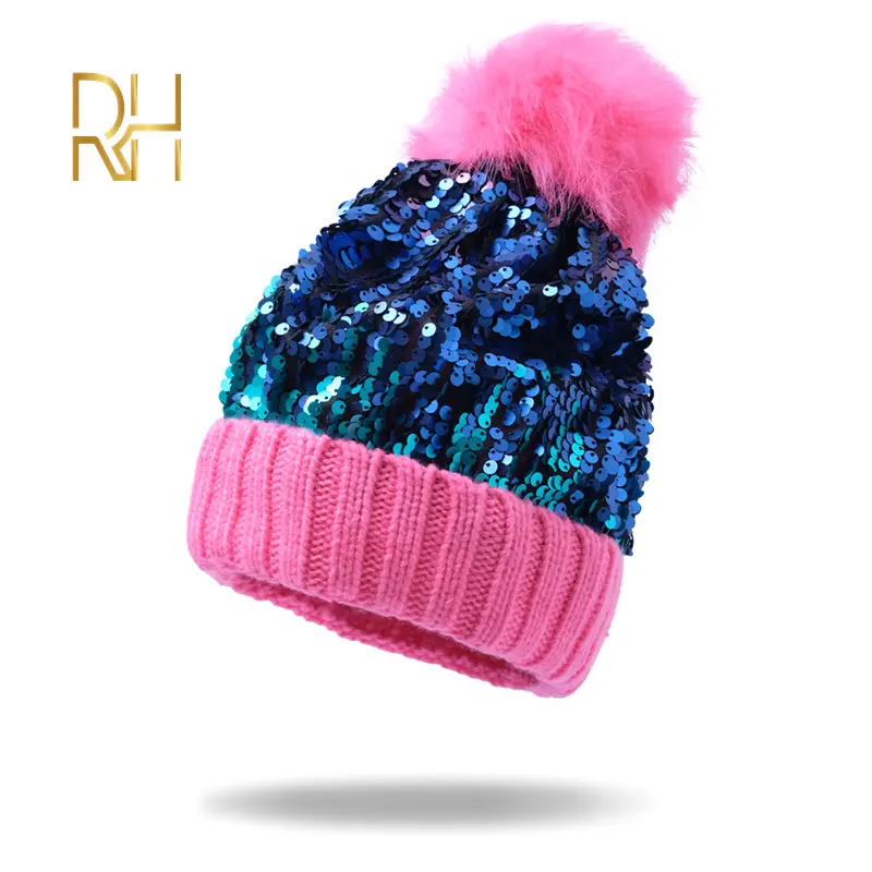Pom Pom Skullies Beanie Warm Knitted Bobble Women Fur Pompom Hat Female Raccoon Fur Pompon Sequins Winter Hat Cap RH