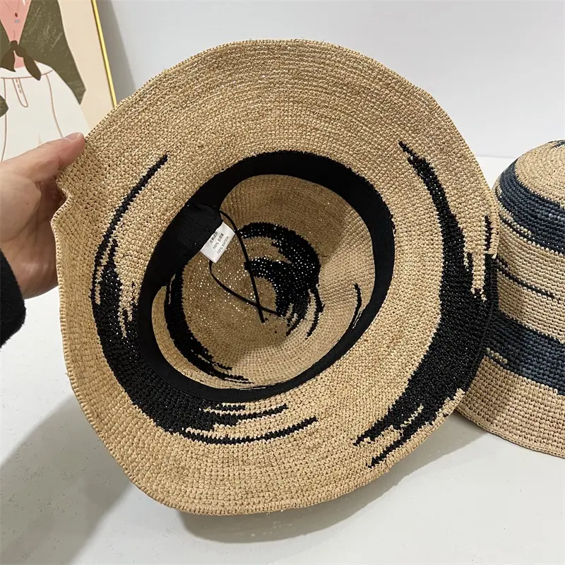 Fashion Camouflage Jacquard Natural Raffia Grass Bucket Crochet Straw Hat Foldable Sun Caps
