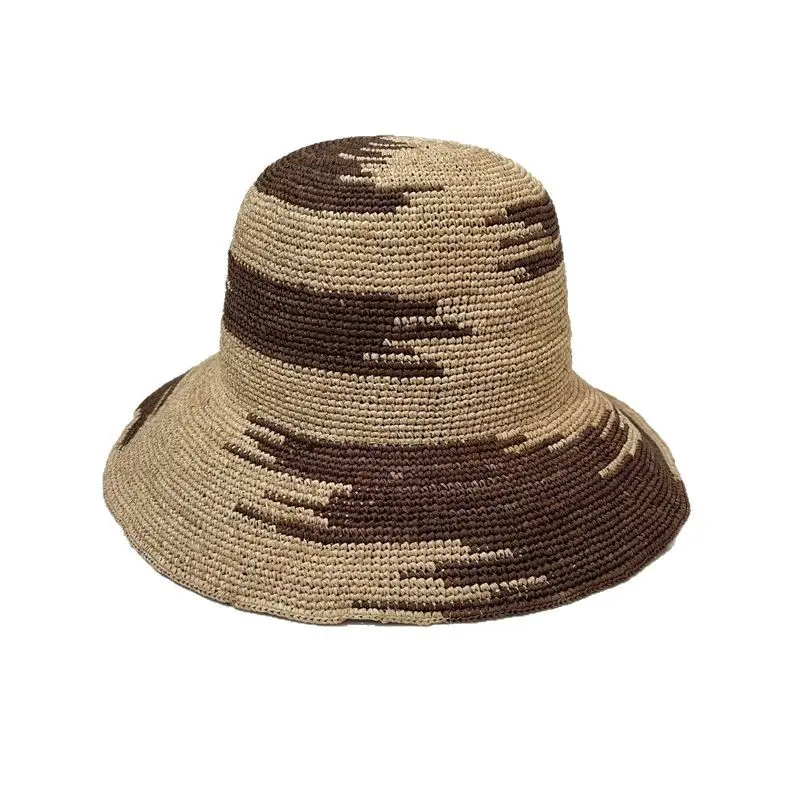 Fashion Camouflage Jacquard Natural Raffia Grass Bucket Crochet Straw Hat Foldable Sun Caps