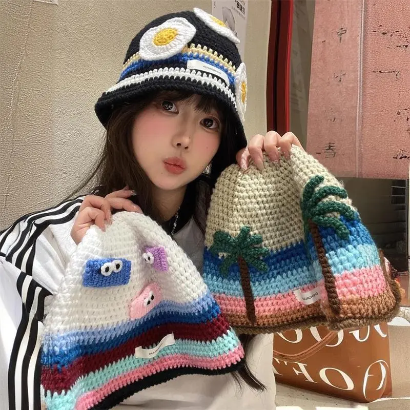 Design Handmade Crochet Knit Bucket Basin Hats Cute Fisherman Warm Casual Travel Stripe Hats For Women