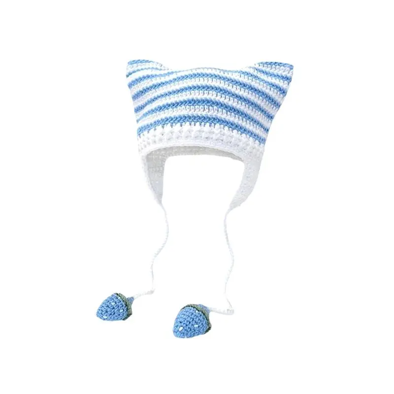 Abby Cute Stripe Cat Ears Handmade Knitting Soft Acrylic Hat Girls Autumn Winter Cycling Warm Harajuku Beanie With Hood