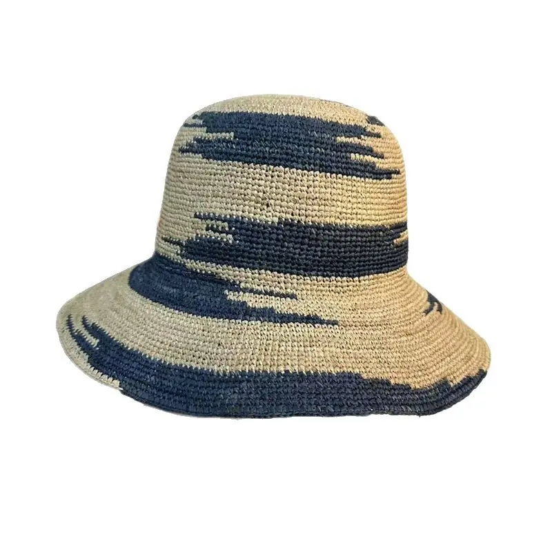 Fashion Camouflage Jacquard Natural Raffia Grass Bucket Crochet Straw Hat Foldable Sun Caps