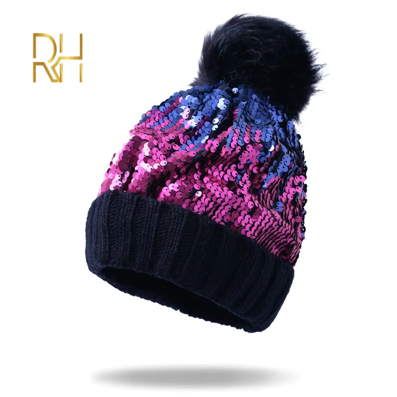 Pom Pom Skullies Beanie Warm Knitted Bobble Women Fur Pompom Hat Female Raccoon Fur Pompon Sequins Winter Hat Cap RH