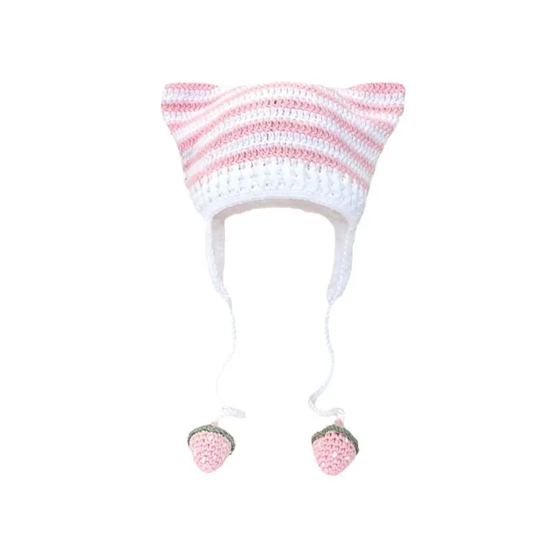 Abby Cute Stripe Cat Ears Handmade Knitting Soft Acrylic Hat Girls Autumn Winter Cycling Warm Harajuku Beanie With Hood