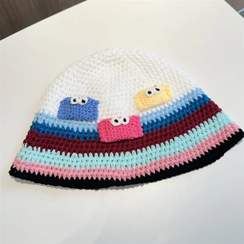 Design Handmade Crochet Knit Bucket Basin Hats Cute Fisherman Warm Casual Travel Stripe Hats For Women