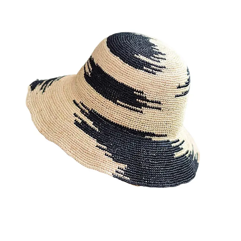 Fashion Camouflage Jacquard Natural Raffia Grass Bucket Crochet Straw Hat Foldable Sun Caps