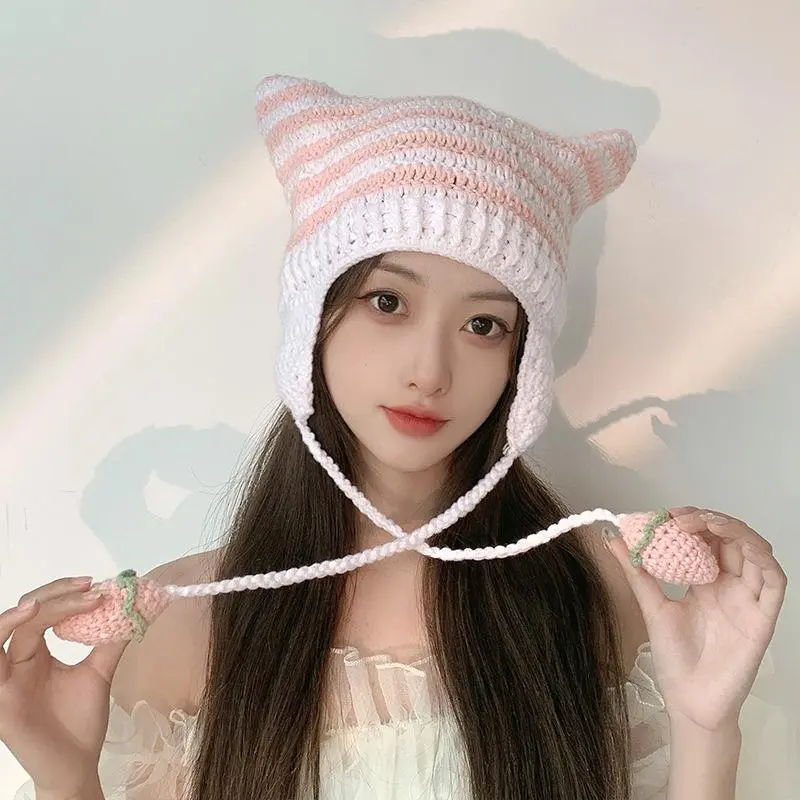 Abby Cute Stripe Cat Ears Handmade Knitting Soft Acrylic Hat Girls Autumn Winter Cycling Warm Harajuku Beanie With Hood