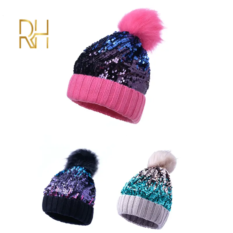 Pom Pom Skullies Beanie Warm Knitted Bobble Women Fur Pompom Hat Female Raccoon Fur Pompon Sequins Winter Hat Cap RH