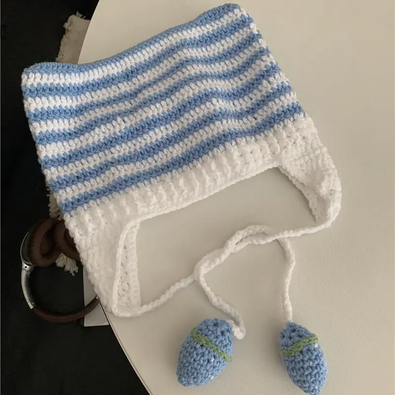 Abby Cute Stripe Cat Ears Handmade Knitting Soft Acrylic Hat Girls Autumn Winter Cycling Warm Harajuku Beanie With Hood