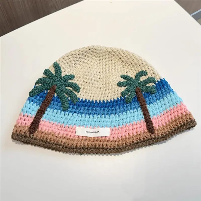 Design Handmade Crochet Knit Bucket Basin Hats Cute Fisherman Warm Casual Travel Stripe Hats For Women
