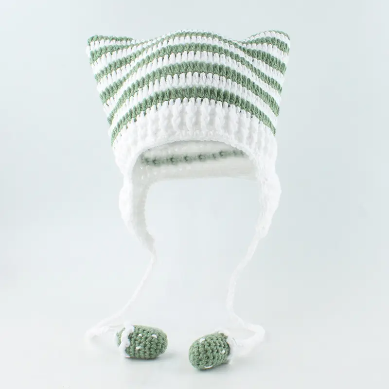 Abby Cute Stripe Cat Ears Handmade Knitting Soft Acrylic Hat Girls Autumn Winter Cycling Warm Harajuku Beanie With Hood