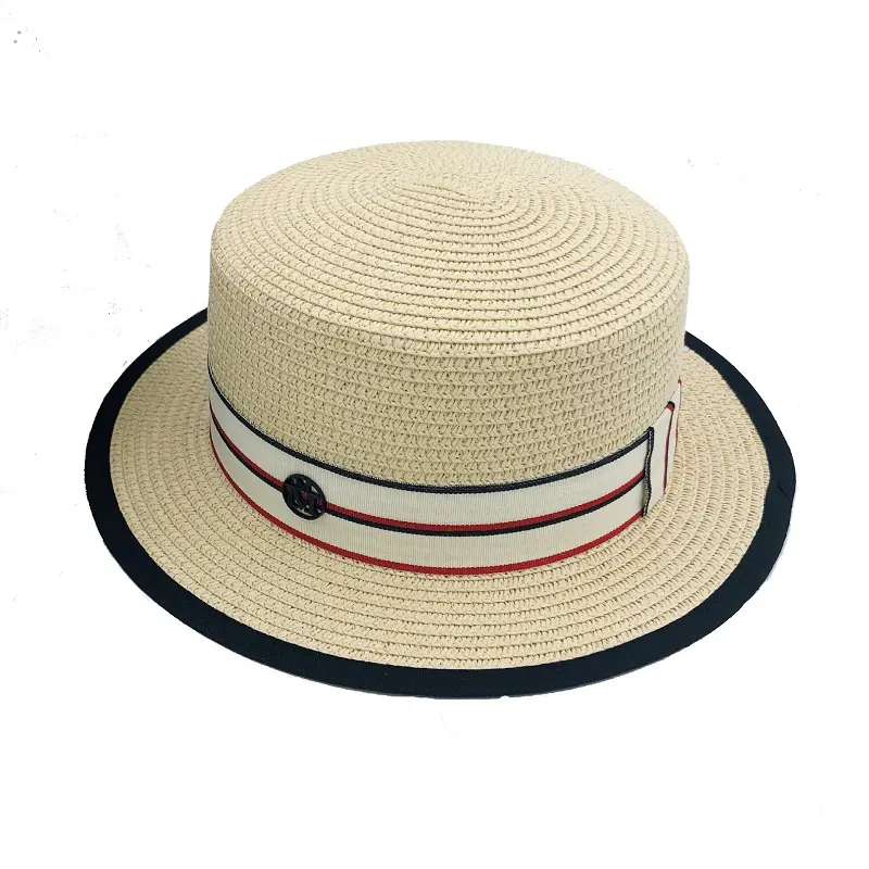 M Letter Ribbon Round Flat Top Straw Beach Hat Lady Boater Sun Caps Panama Straw Fedora Women's Travel Sun Cap Gorras