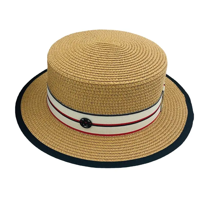 M Letter Ribbon Round Flat Top Straw Beach Hat Lady Boater Sun Caps Panama Straw Fedora Women's Travel Sun Cap Gorras