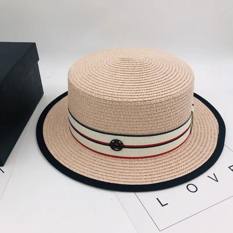 M Letter Ribbon Round Flat Top Straw Beach Hat Lady Boater Sun Caps Panama Straw Fedora Women's Travel Sun Cap Gorras