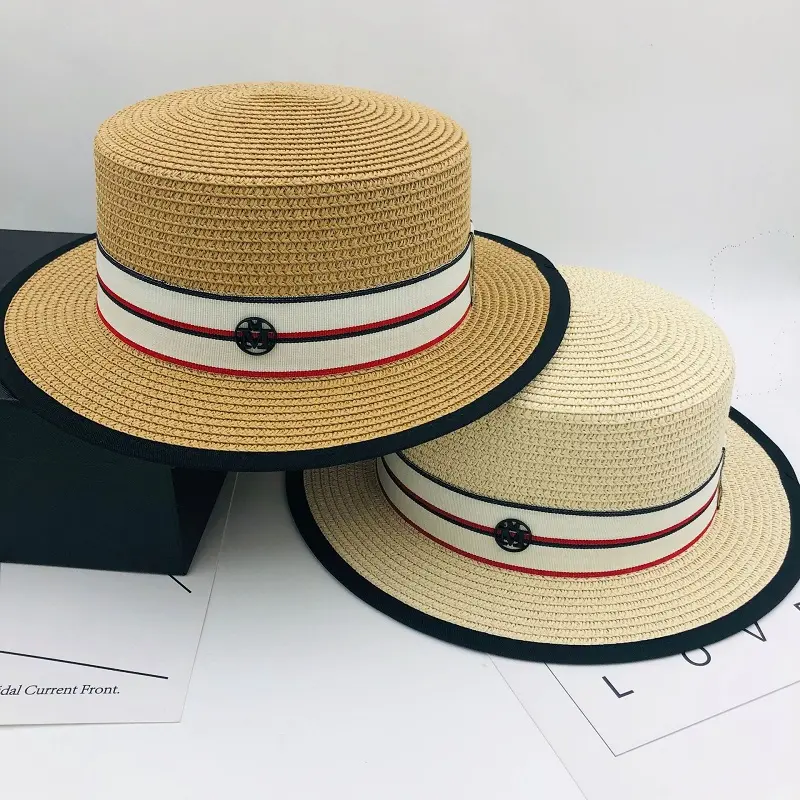 M Letter Ribbon Round Flat Top Straw Beach Hat Lady Boater Sun Caps Panama Straw Fedora Women's Travel Sun Cap Gorras