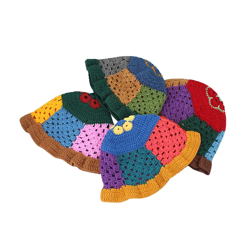 RH Autumn New Designer Style Cute Crochet Hand Knitted Fisherman Hat Female Hollow Breathable Joint Patch Basin Hat