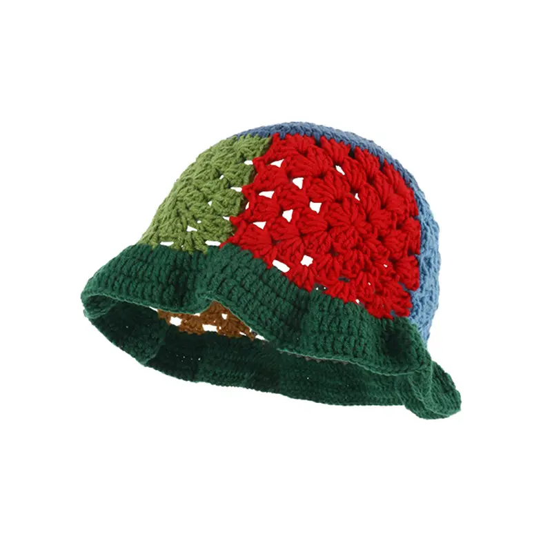 RH Autumn New Designer Style Cute Crochet Hand Knitted Fisherman Hat Female Hollow Breathable Joint Patch Basin Hat