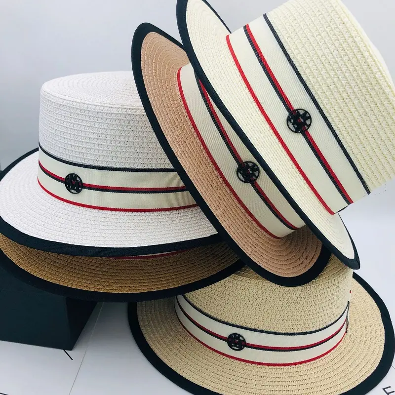 M Letter Ribbon Round Flat Top Straw Beach Hat Lady Boater Sun Caps Panama Straw Fedora Women's Travel Sun Cap Gorras