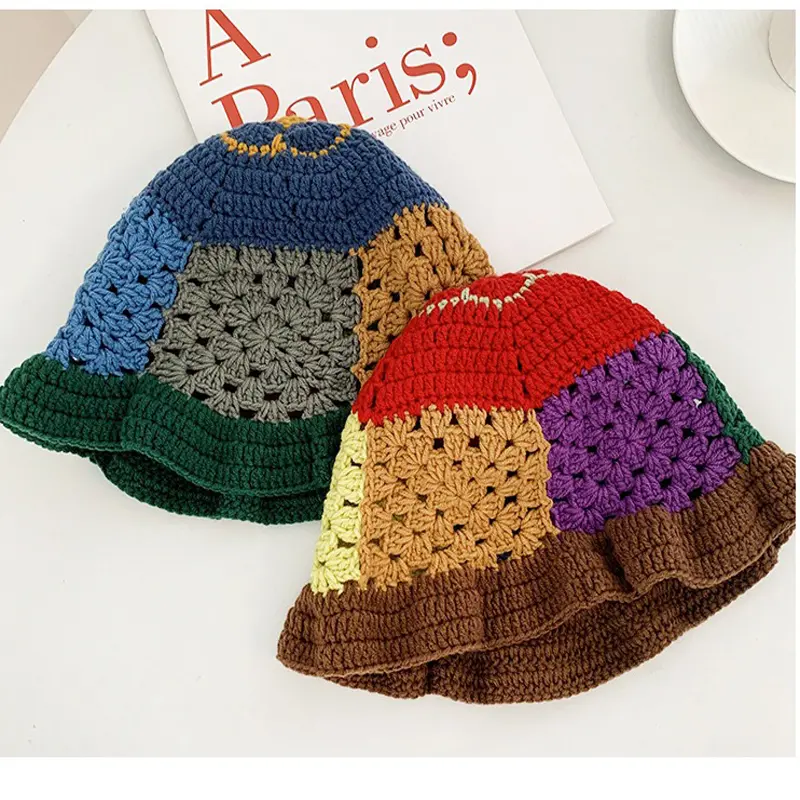 RH Autumn New Designer Style Cute Crochet Hand Knitted Fisherman Hat Female Hollow Breathable Joint Patch Basin Hat