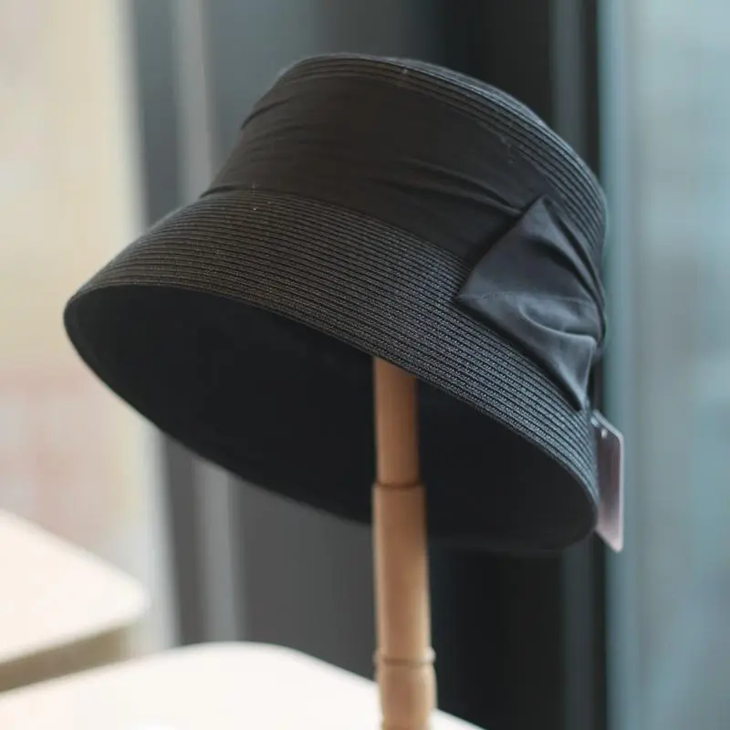 French Hepburn Style Bow Knot Wide Brim Straw Woven Basin Hat Retro Elegant Short Brim Bucket Hat