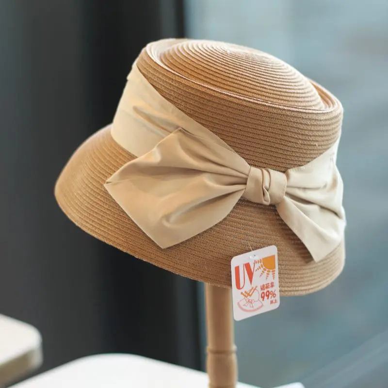 French Hepburn Style Bow Knot Wide Brim Straw Woven Basin Hat Retro Elegant Short Brim Bucket Hat
