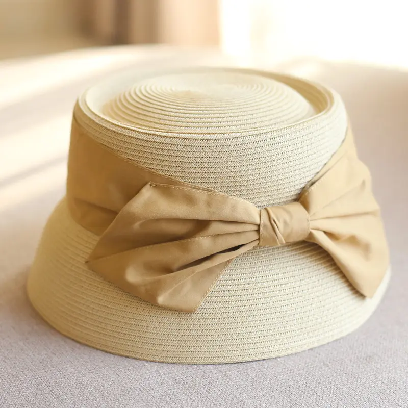 French Hepburn Style Bow Knot Wide Brim Straw Woven Basin Hat Retro Elegant Short Brim Bucket Hat