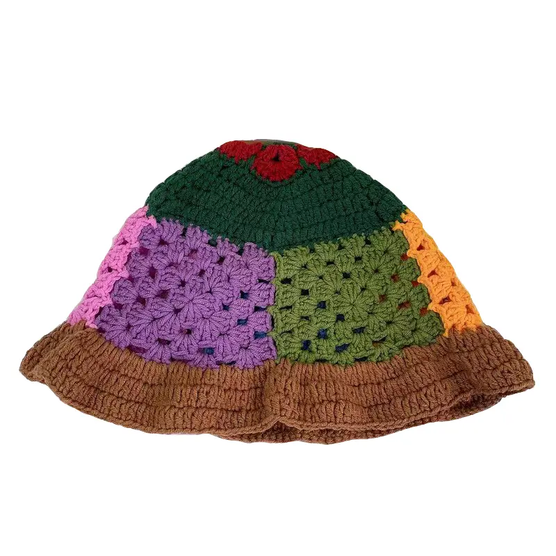 RH Autumn New Designer Style Cute Crochet Hand Knitted Fisherman Hat Female Hollow Breathable Joint Patch Basin Hat