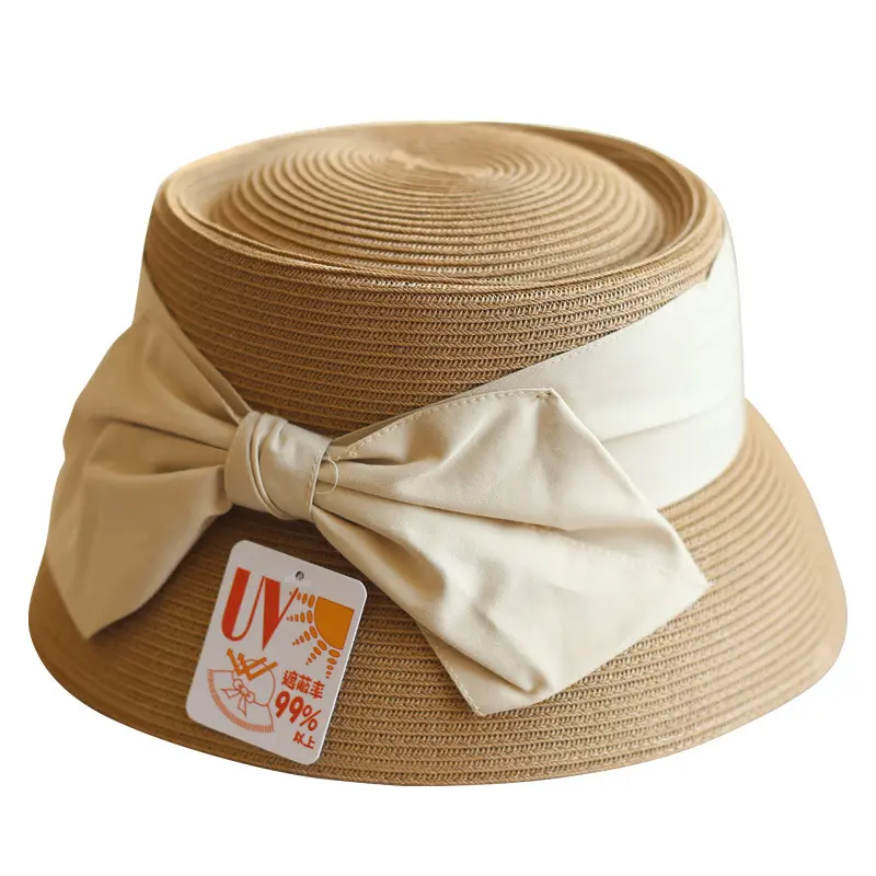 French Hepburn Style Bow Knot Wide Brim Straw Woven Basin Hat Retro Elegant Short Brim Bucket Hat