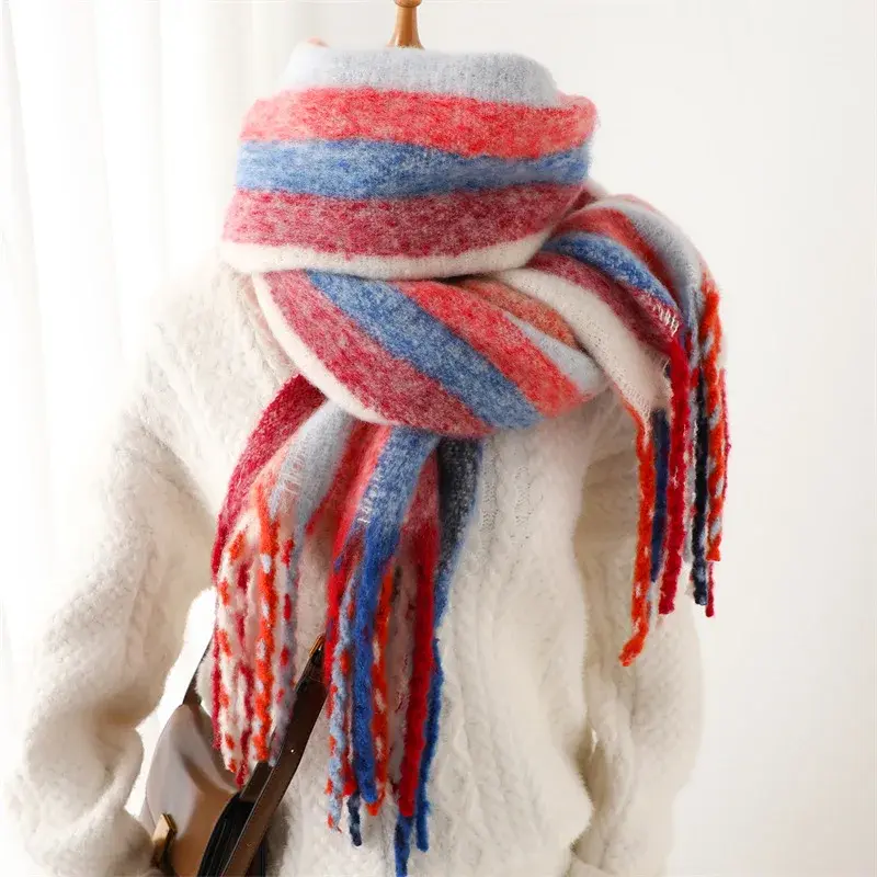 Rainbow Color Stripe Scarf Women Winter Plush Soft Big Long Thick Warm Tessel Fluffy Shawl