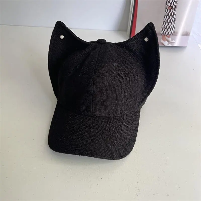 Spring Autumn Cotton Linen Niche Cute Fox Ears Metal Buckle Peaked Cap Female Fashion Bat Baseball Cap
