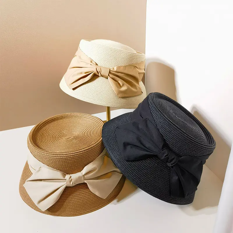 French Hepburn Style Bow Knot Wide Brim Straw Woven Basin Hat Retro Elegant Short Brim Bucket Hat