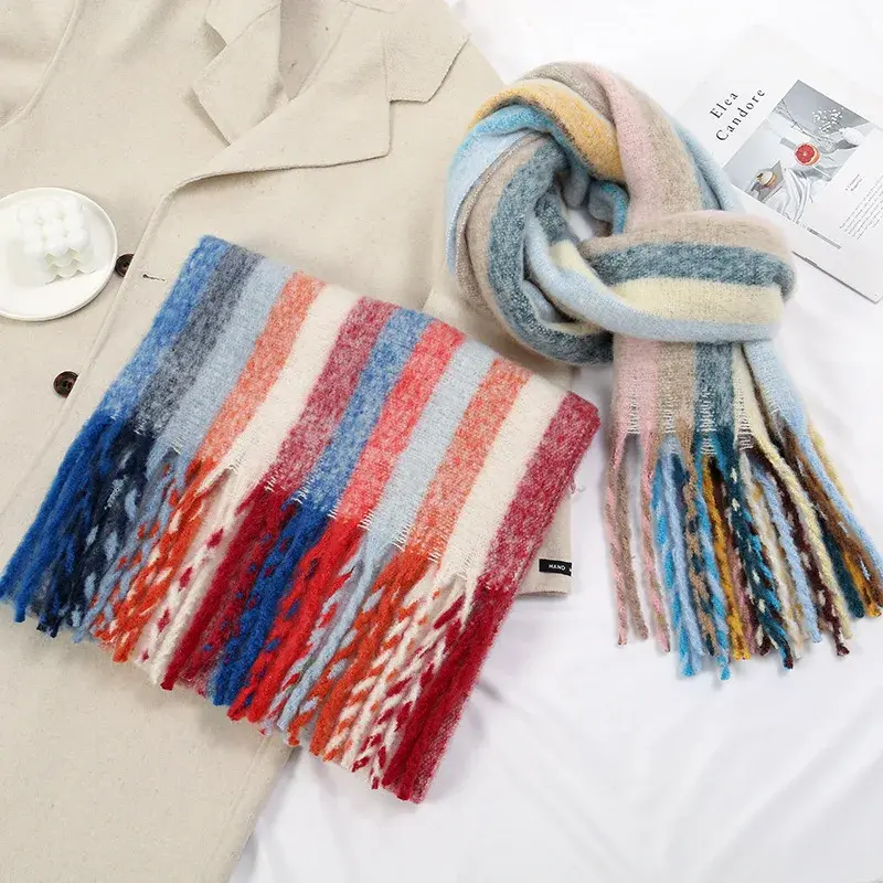 Rainbow Color Stripe Scarf Women Winter Plush Soft Big Long Thick Warm Tessel Fluffy Shawl