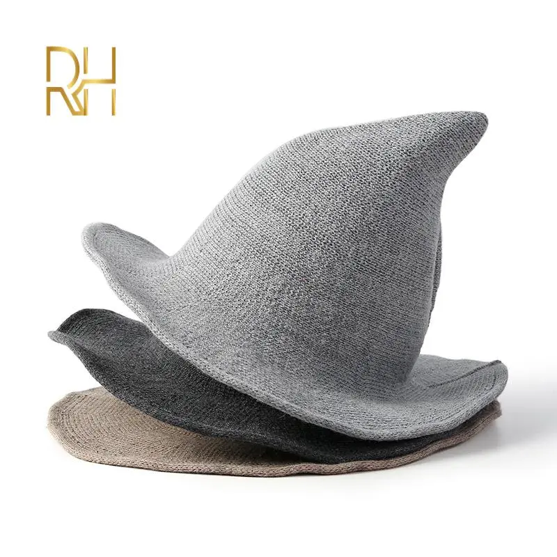 Adult Winter witch wool Acrylic hat fisherman hat pointed top hat warm hat knitted yarn foldable Halloween wizard hat