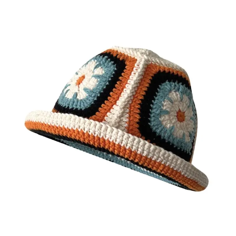 Fashion Knitting Bucket Hat Autumn Winter Handmade Western Floral Crochet Street Adult Beanie Basin Hat