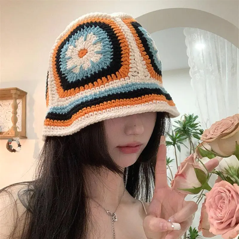 Fashion Knitting Bucket Hat Autumn Winter Handmade Western Floral Crochet Street Adult Beanie Basin Hat
