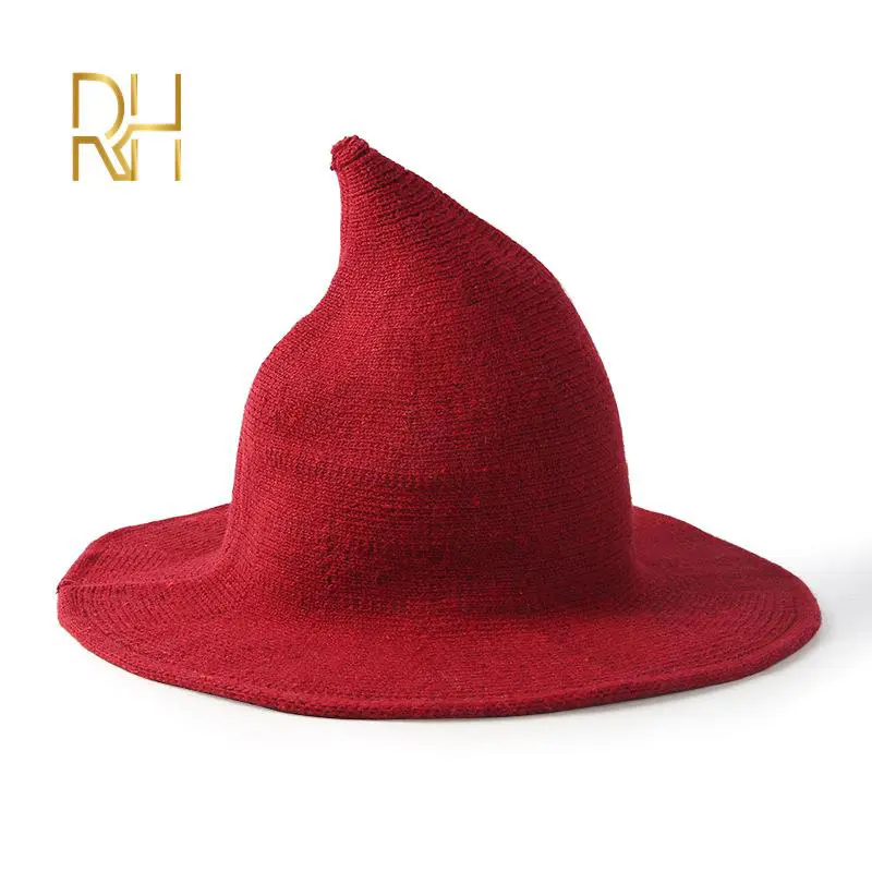Adult Winter witch wool Acrylic hat fisherman hat pointed top hat warm hat knitted yarn foldable Halloween wizard hat