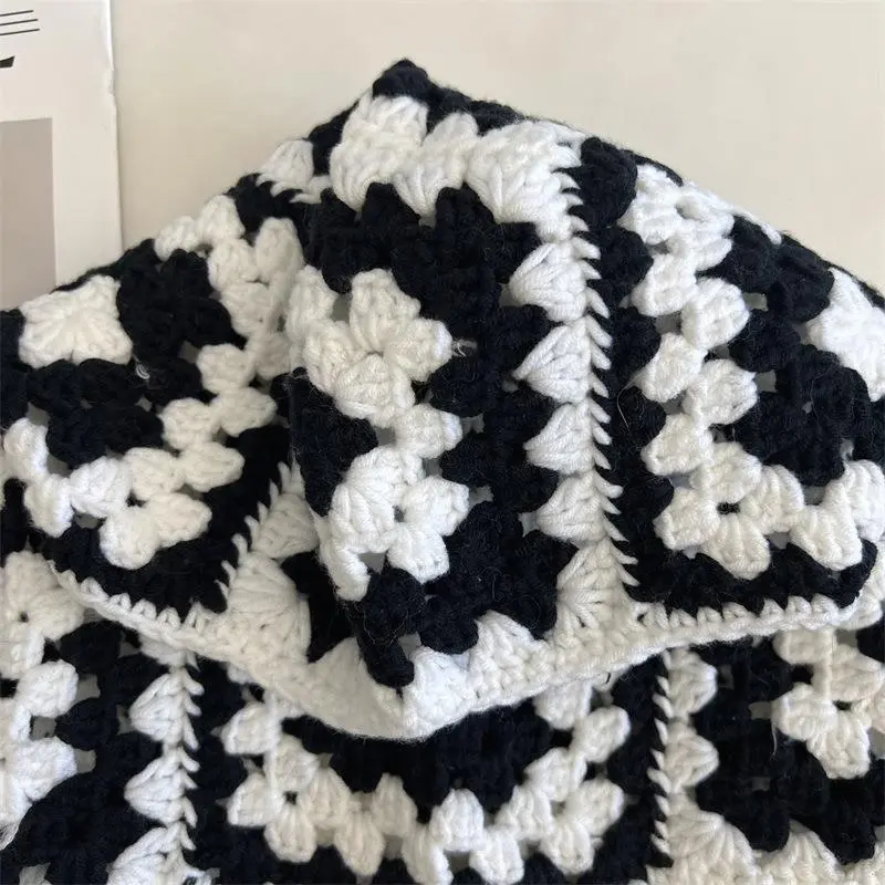 Women Handmade Crochet Checked Plaid Knit Female Hooded Cap Pullover Beanies Cap Neck Warm Balaclava Hat