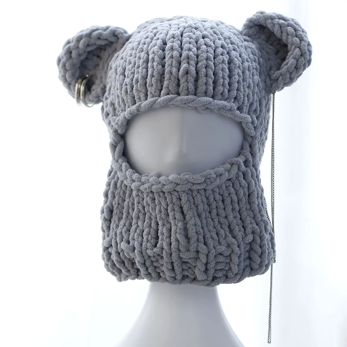 Women Men Cute Bear Ears Face Cover Pullover Hat Winter Warm Acrylic Caps Thick Cool Chain Knit Beanie Hat